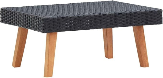 Outdoor Coffee Table, Black PE Rattan and Powder-Coated Steel Patio Table with Eucalyptus Wood, Square Low Profile Furniture for Garden, Terrace, and Balcony, 27.6 x 27.6 x 13 Inches