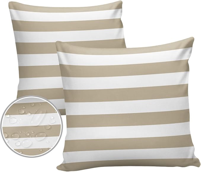 Outdoor Pillows 18x18 Waterproof Outdoor Pillow Covers Khaki White Stripes Polyester Throw Pillow Covers Garden Cushion Decorative Case for Patio Couch Decoration Set of 2 Geometric
