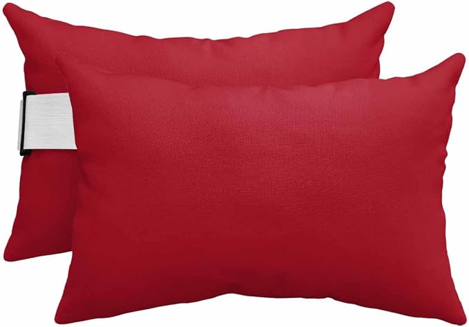 DecorLovee Pure Red Outdoor Recliner Pillows for Head, Waterproof Chair Pillow with Elastic Stripe, Simple Solid Color Chaise Lounge Headrest Pillow for Patio/Beach/Pool 2Pack, 12"x20"