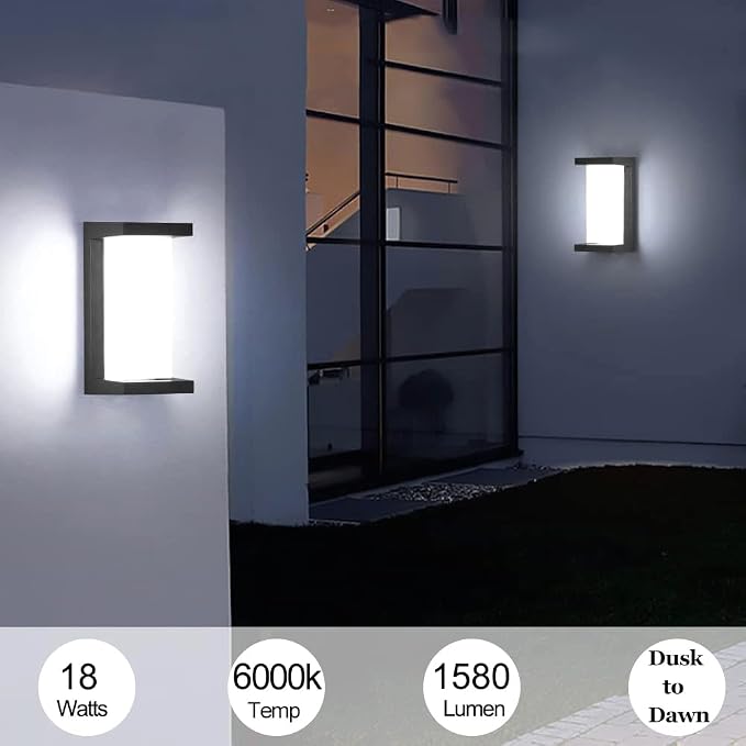 Dusk to Dawn Outdoor Wall Lights, Modern LED Exterior Light Fixture,6000k Black Outdoor Wall Sconce,Ouside Light for House Porch Patio Garage Walkway Backyard Garden