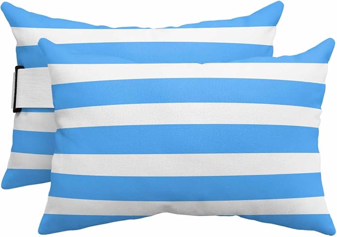 Simple Blue Striped Outdoor Head Pillows for Recliner Lounge Chair,Pack of 2 Waterproof Throw Pillow Cushion Cases with Insert&Elastic Strap,Modern Geometric Line Neck Pillow for Patio Beach