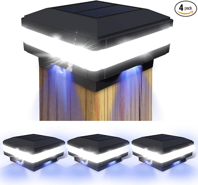 Solar Post Cap Lights Outdoor, 52 LEDs 160LM 6000K Cool White, 4 Pack Black | IP65 Waterproof Fence Post Lights, Compatible with 4x4 5x5 Wooden Posts, Fit for Patio Garden Yard Porch