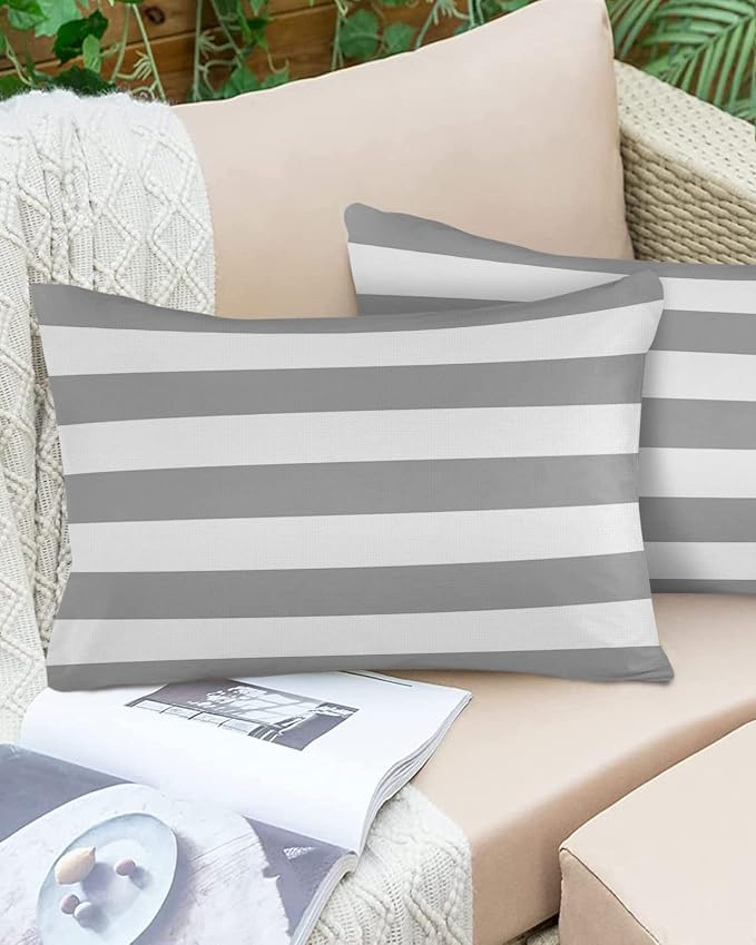 Outdoor Pillows 20x12 Waterproof Outdoor Pillow Covers Gray White Stripes Polyester Throw Pillow Covers Garden Cushion Decorative Case for Patio Couch Decoration Set of 2 Geometric