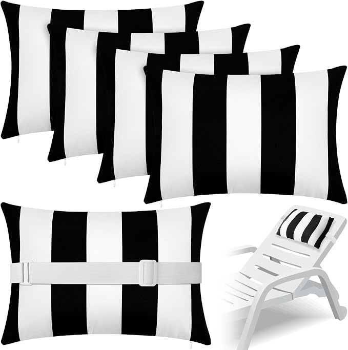 Lineshading 4 Pcs Chaise Lounge Pillow with Strap Outdoor Waterproof Pool Chair Neck Headrest Pillows with Adjustable Elastic Band for Beach Patio Chair Recliner(White and Black,Stripe)
