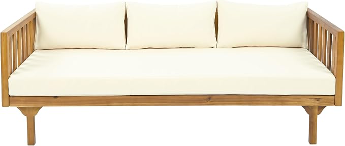 Christopher Knight Home Charm Patio Conversation Set, 3 Seater Acacia Wood Sofa, Spacious Seating Daybed, Wood Coffee Table, Round Side Table, Outdoor Furniture for Backyard Garden Gathering, Beige