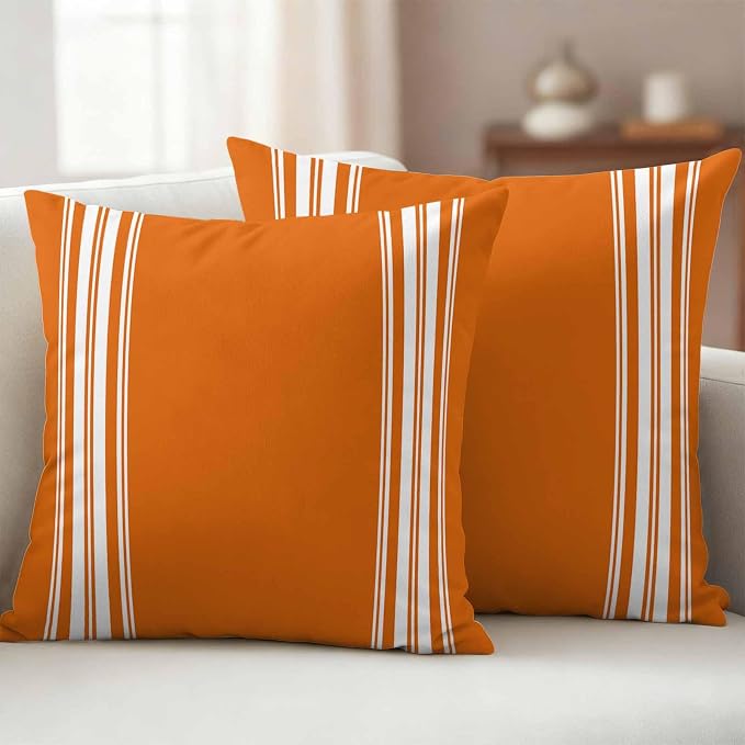 Outdoor Pillow Covers 20x20 Set of 2 Fall Orange Stripes Outdoor Pillows Waterproof Throw Pillow Covers French Stripe Farmhouse Style Pillowcases Decorative Case for Patio Cushion