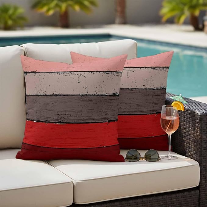 Outdoor Throw Pillow Covers 18X18 Set of 2 Waterproof Ombre Christmas Red Brown Decorative Zippered Cushion Covers for Patio Furniture, Farmhouse Retro Rustic Barn Wood Texture Lumbar Pillowcases