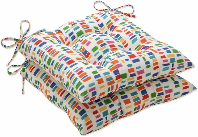 Pillow Perfect Outdoor/Indoor Color Tabs Primaries Tufted Seat Cushions (Square Back), 18.5" x 19", Blue, 2 Pack
