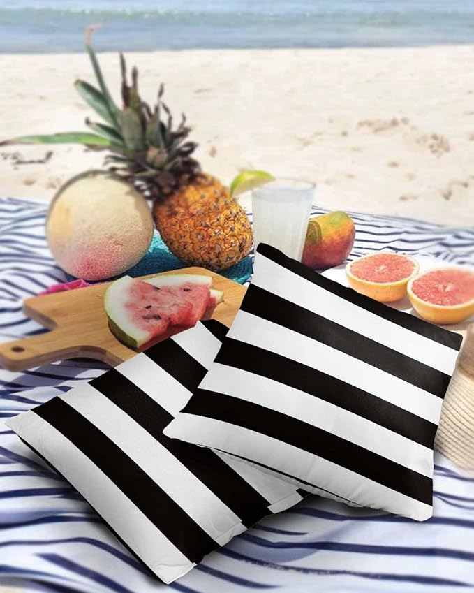JasmineM Outdoor Pillow Covers 26x26 Waterproof Polyester Throw Pillow Covers, Black White Stripes Decorative Pillowcases Garden Cushion Case for Patio Couch Sofa Decoration Set of 2, Geometric