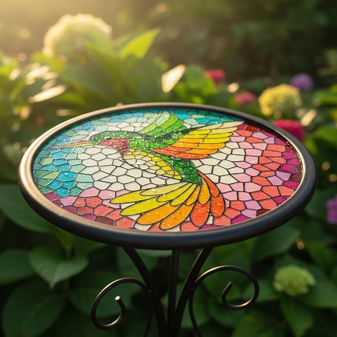 LIFFY Outdoor Side Table, 12" Glass Hummingbird Tabletop Patio Tables with Metal Frame, 21" Height Indoor Small Round Home Decorative Plant Stand Outside for Garden Patio Yard Porch
