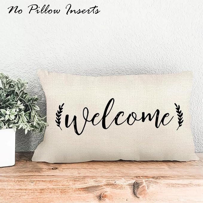 Front Porch Decor Cream Outdoor Lumbar Pillow Covers Waterproof 12x20 | Set of 2, No Inserts, Weather Resistant, Patio Furniture, Minimalist Neutral Home Decor, This Is Our Happy Place Sign