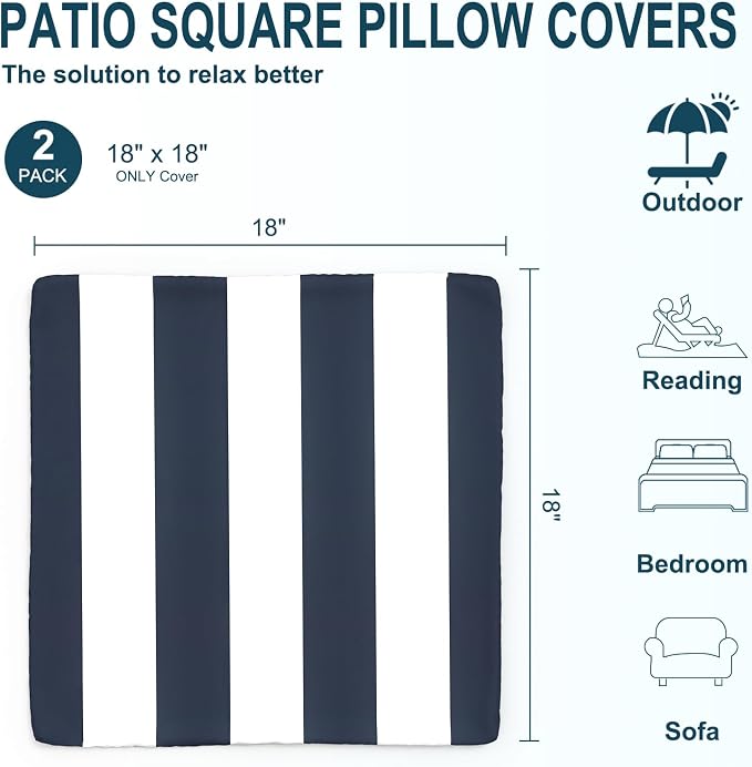 DYTXIII Pack of 2 Outdoor Waterproof Pillow Covers ONLY, 18"x18" Square Decorative Double Printed Throw Pillow Cases for Patio Couch Porch Furniture, Cabana Navy