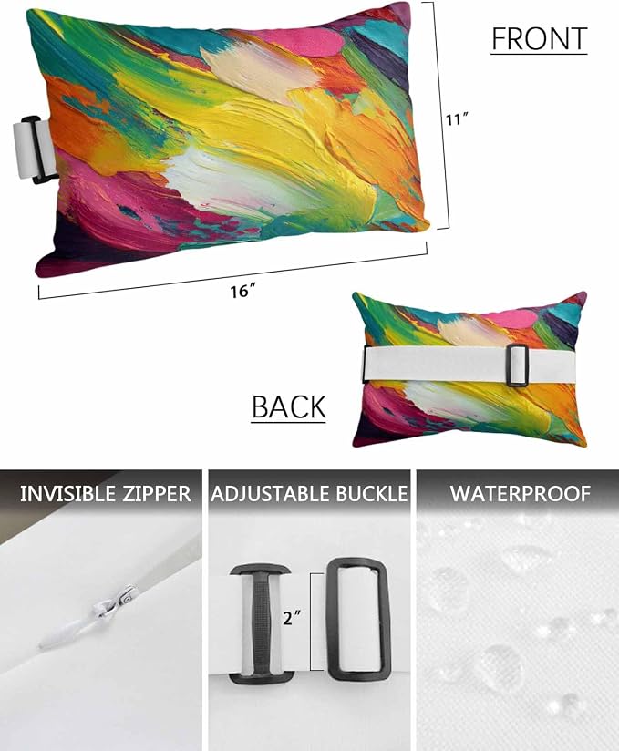 Pack of 2 Colorful Oil Painting Lumbar Pillow Covers, Outdoor Waterproof Throw Pillow Covers Set, Modern Abstract Art Rainbow Color Decorative Cushion Case for Patio Beach, 11x16 Inch