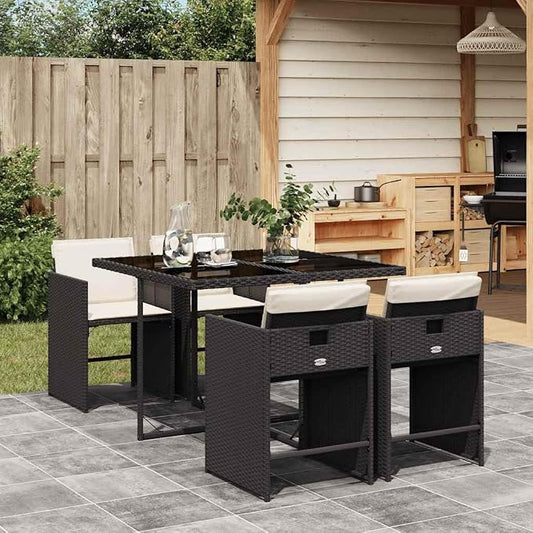 5 Piece Patio Dining Set with Cushions Black Poly Rattan Outdoor Garden Furniture Table and 4 Folding Chairs with Removable Washable Covers UV-Proof Tempered Glass Top for Backyard Deck Entertaining