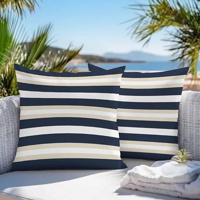 Khaki Navy Blue Striped Outdoor Pillow Covers Waterproof, All Weather Cushion Case Set of 2, Farmhouse Abstract Lines Art Decorative Pillowcases for Sofa Couch Bed Decor Patio Furniture 16"x16"