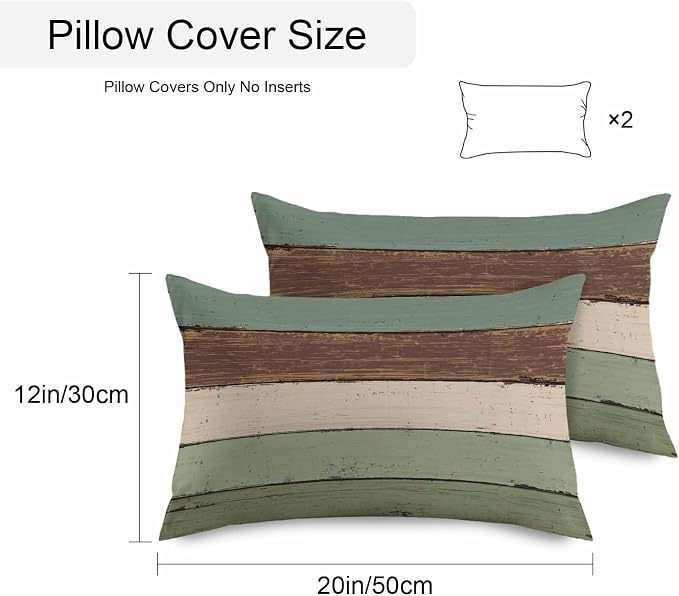 Vandarllin Outdoor Throw Pillow Covers 12X20 Set of 2 Waterproof Sage Green Brown Decorative Zippered Cushion Covers for Patio Furniture, Farmhouse Retro Rustic Barn Wood Texture Lumbar Pillowcases