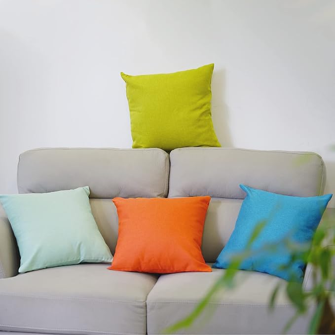 Pack of 4 Decorative Outdoor Waterproof Throw Pillow Covers ONLY Square Garden Cushion Cases for Patio, Couch, Tent and Sofa, 18 x 18 Inches, (Yellow, Light Green, Orange, Blue-Green)