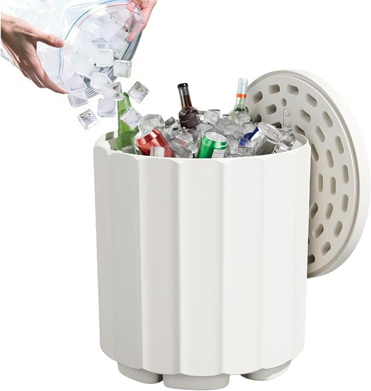 Outdoor Cooler Side Table, 2-in-1 Versatile Ice Cooler Table, Broad Fluted Outdoor Accent Table with Hangable Lid, All-Weather Resistant for Patio Decor, Deck, BBQ, Beach, White