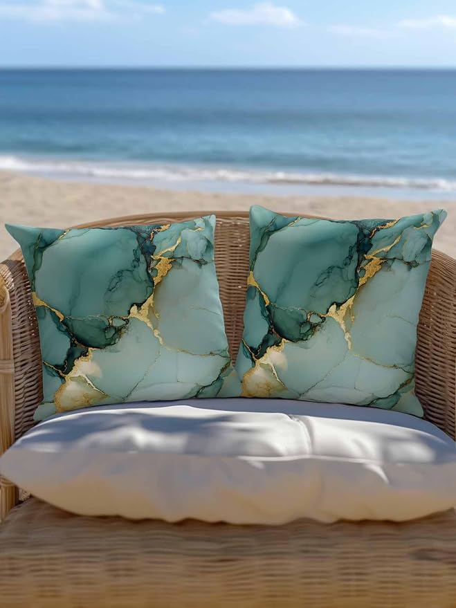 1 Pack Outdoor Throw Pillow, Teal Ombre Marble Waterproof Pillow with Insert Included, Modern Ink Painting Abstract Decorative Accent Cushion Sofa Pillows for Patio Porch, 16 x 16 in