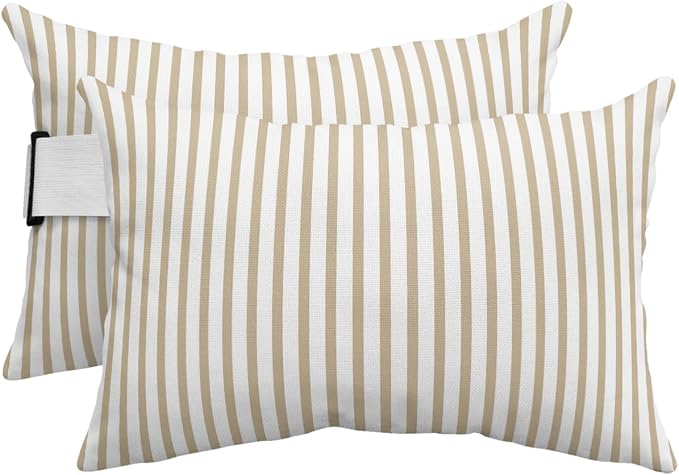 Pack of 2 Outdoor Lumbar Pillow Covers 12x20 Inch, Thin Beige Striped Waterproof Throw Pillow Covers Set, Farmhouse Modern Stripes Indoor&Outdoor Decorative Cushion Cases for Patio Porch Car