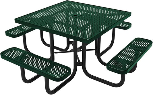 COATEDOUTDOORFURNITURE Heavy-Duty Portable Outdoor Picnic Table with Umbrella Hole, Punched Steel Commercial-Grade Patio Dining Furniture Made in America (46" Square Top, Textured Green)