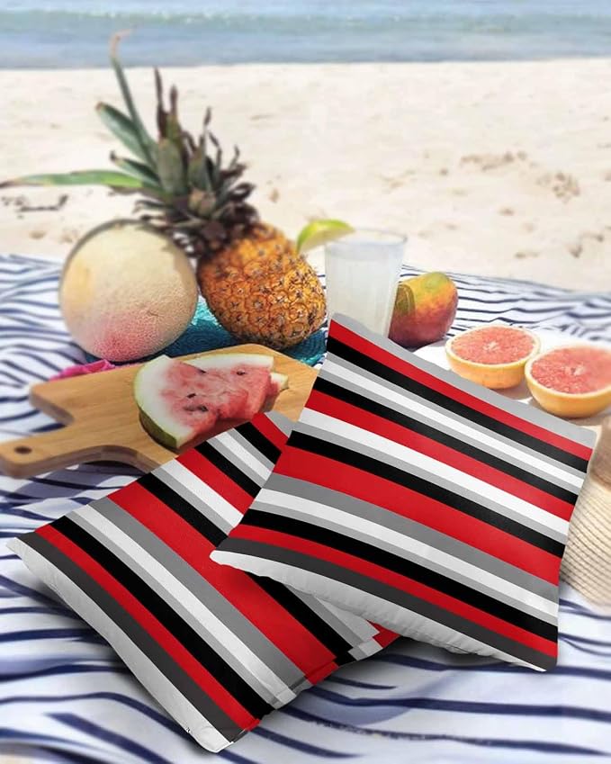 Pack of 2 Red Black Grey Stripes Outdoor Pillow Waterproof Covers 18x18 inch, Geometric Mexican Style Polyester Throw Pillow Covers Garden Cushion Decorative Case for Patio Couch Decoration