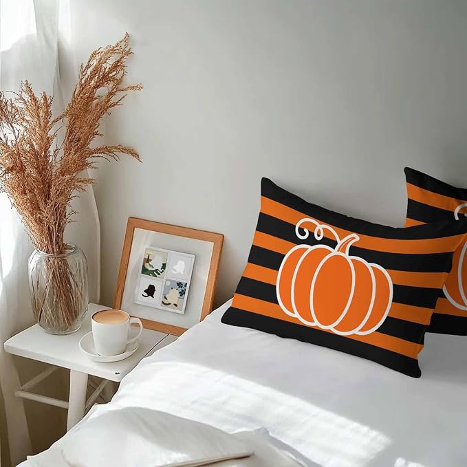 Orange Pumpkins Outdoor Waterproof Pillow Covers, Autumn Black Stripes Farmhouse Decorative Rectangle Throw Pillowcase Sofa Cushion Sham for Patio/Couch/Chair, 20"x12" 2 Pack