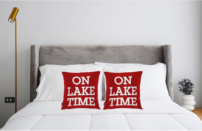 Swono Set of 2 On Lake Time Pillow Covers 18 X 18 Inch, Funny Lake Quote Square Decorative Throw Pillow Covers for Sofa Couch Bed,Outdoor Indoor Pillowcase Cushion Cover, Red White