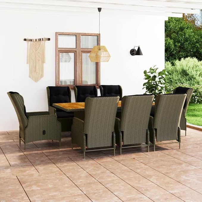 9 Piece Outdoor Patio Dining Set with Cushions Poly Rattan Brown, PE Wicker Rattan Conversation Set Adjustable Reclining Chairs with Thick Cushions, Dining Table for Backyard Poolside Lawn Deck