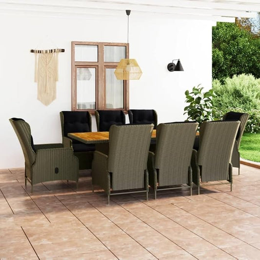9 Piece Outdoor Patio Dining Set with Cushions Poly Rattan Brown, PE Wicker Rattan Conversation Set Adjustable Reclining Chairs with Thick Cushions, Dining Table for Backyard Poolside Lawn Deck