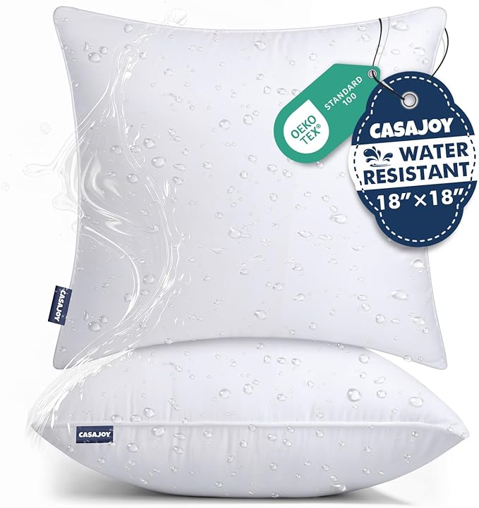 Outdoor Pillows 18x18 Set of 2 Water Resistant Throw Pillow Inserts | Square Waterproof Pillows, Convenient Zipper Design, Fluffy & Supportive, Decorative Pillow for Patio Porch & Couch