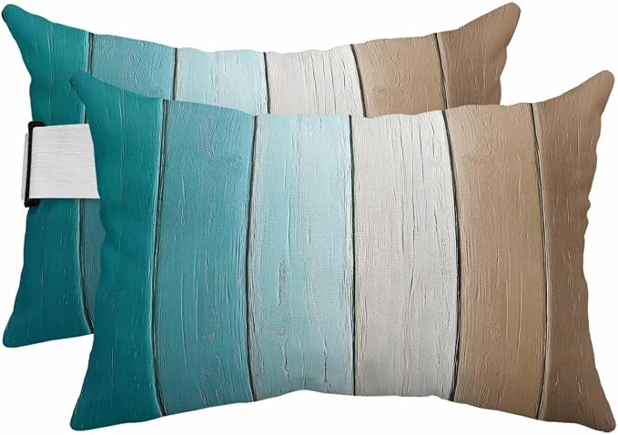 Aqua Brown Ombre Outdoor Pillows for Chaise Lounge Chair Beach Headrest Pillow Set of 2 Waterproof Lumbar Pillows with Insert&Strap Vintage Country Wooden Recliner Neck Pillow for Patio Pool 11"x16"