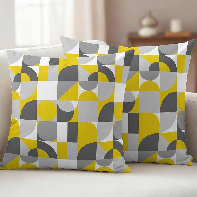 Mid Century Outdoor Waterproof Throw Pillow Covers Set of 2, 18"x18", Yellow Grey Abstract Retro Geometric Modern Decorative Pillow Covers Outside Cushion Case for Patio Porch Garden