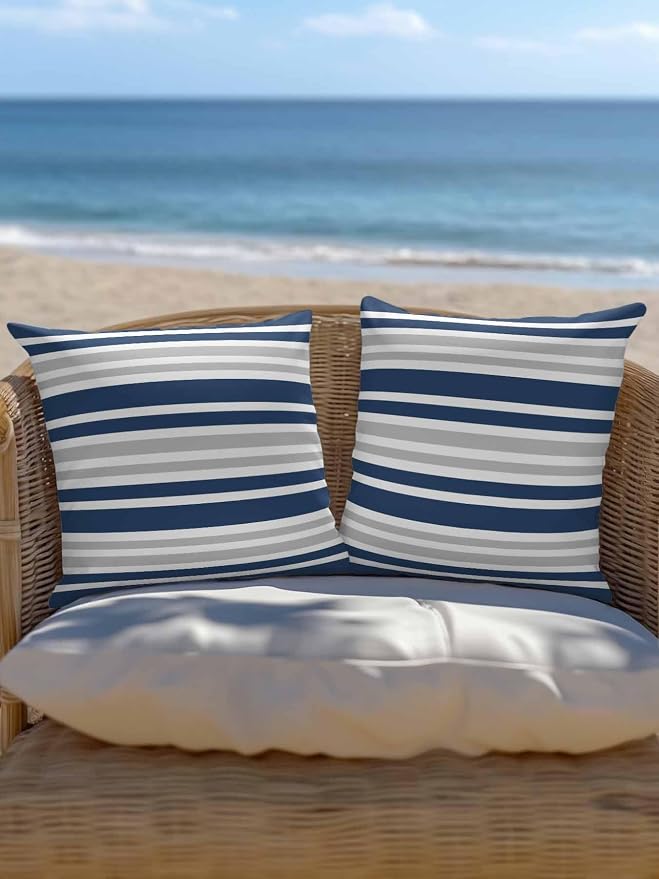 Outdoor Waterproof Throw Pillows Classic Modern Striped Patio Pillows Pack of 2,Decorative Pillow Covers with Insert,Pillow Cushion Case for Garden Couch Sofa Grey White Navy Blue