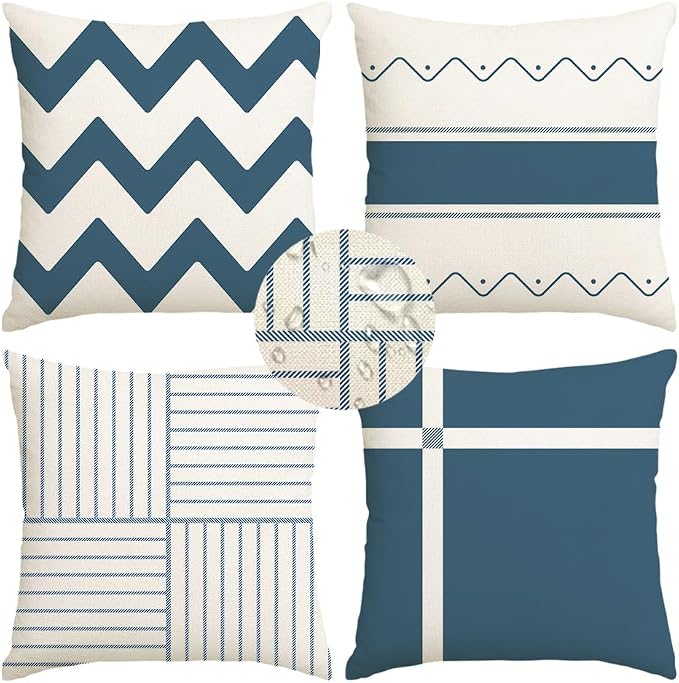RABUSOFA Outdoor Pillow Covers Waterproof 20x20 Set of 4 Blue Modern Decor | Chevron Zigzag,Not Insert,Waterproof Fabric,Machine Washable,Invisible Zipper,Decoration for Patio Furniture Sunbrella Couch