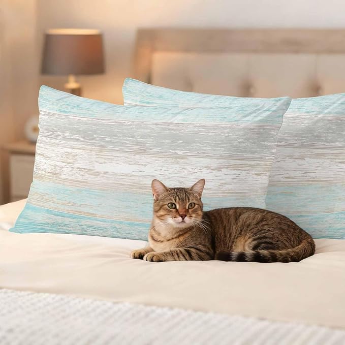 Outdoor Waterproof Throw Pillow Covers, Vintage Teal Grey Decorative Pillow Cases, Farmhouse Barn Wooden Striped Couch Pillow Protector Patio Sofa Cushion Covers Replacement 20"x12" 2 Pack
