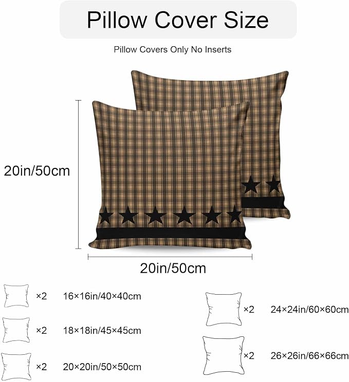 Brown Black Plaid Waterproof Outdoor Pillow Covers Set of 2 Home Decor Vintage Rustic Star Buffalo Check Pillowcase Patio Pillow Covers for Couch Bench Furniture Garden 24x24in