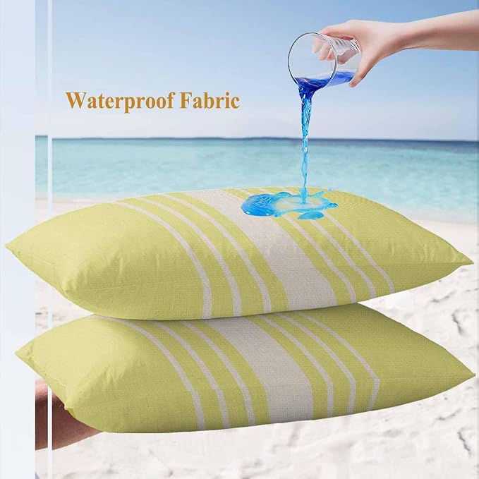 Lumbar Pillow Covers 20x12 Inch Set of 2, Yellow Beige Striped Waterproof Outdoor Cushion Covers, Modern Farmhouse Retro Lines Decorative Pillowcases for Couch, Sofa, Bed, Garden, Patio