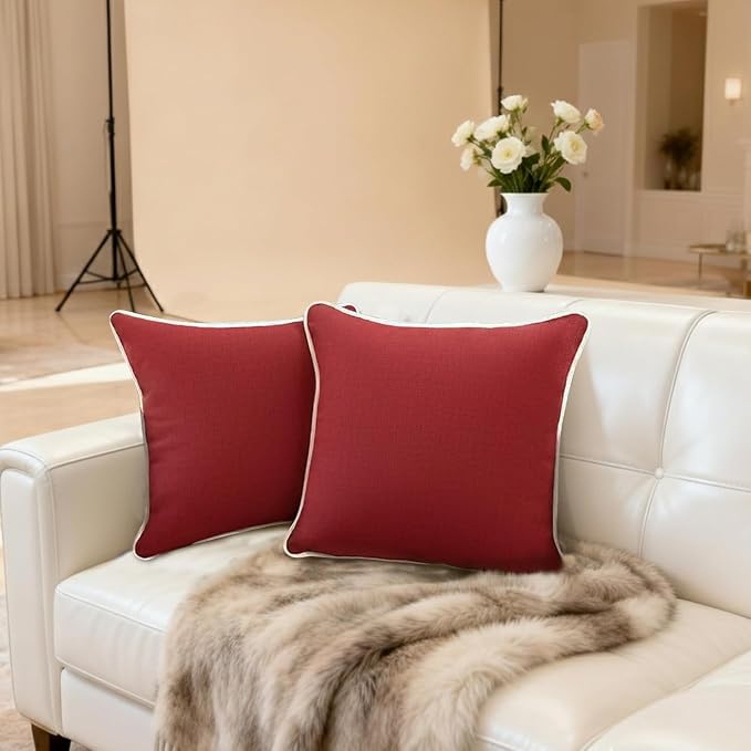 HER HWA Outdoor Throw Pillow Covers White Piping 18"x18" Set of 2, Red | durable fade-resistant water-resistant 100% polyester white piping smooth zipper machine washable for indoor outdoor décor