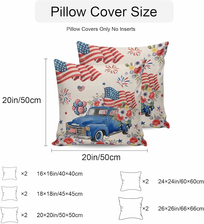 Independence Day Outdoor Pillow Covers Set of 2,Farm Truck USA Flag Poppy Decorative Waterproof Throw Pillow Case Retro Patriotic Fireworks Cotton Linen Soft Cozy Cushion Pillowcases 20x20In