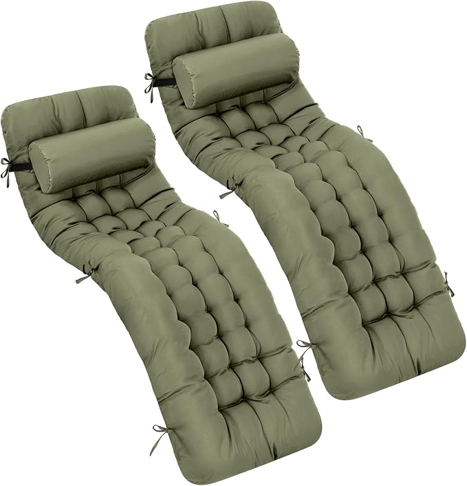 Tudomro Outdoor Chaise Lounge Cushion 66x21x4'' Waterproof & Fade-Resistant Patio Pool Chaise Lounge Cushion Headrest Pillow Tie Replacement Rocking High Back Chair(Olive Green,Set of 2)