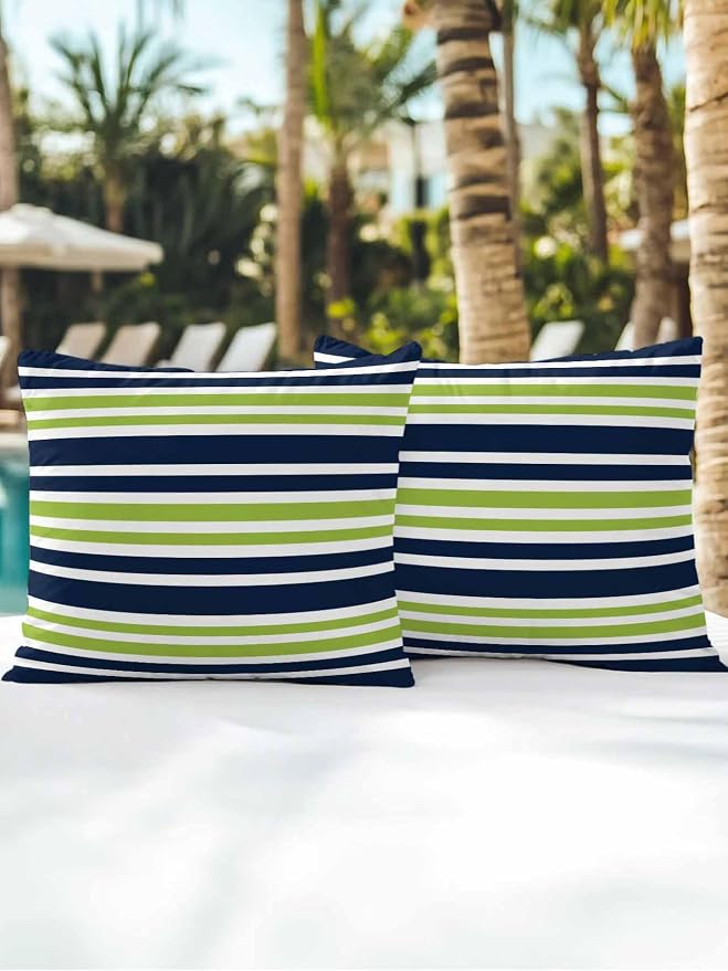 Outdoor Waterproof Throw Pillows Navy Blue Green Stripe Patio Pillows Pack of 2,Decorative Pillow Covers with Insert,Pillow Cushion Case for Garden Couch Sofa White Line