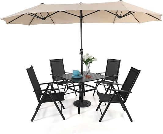 PHI VILLA Outdoor Patio Dining Set with Umbrella, Outside Table and Folding Chair Set for 4 and 1 Large Patio Table Umbrella(Beige)