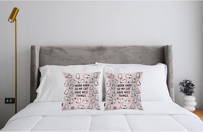 Swono Throw Pillow Covers Cats, Cute Cat Work Hard So My Cat Have Nice Things Accent Cushion Covers Decorative Pillowcase for Men Women, Livingroom Sofa Bed Pillows Covers 18x18 Inch Set of 2, Pink