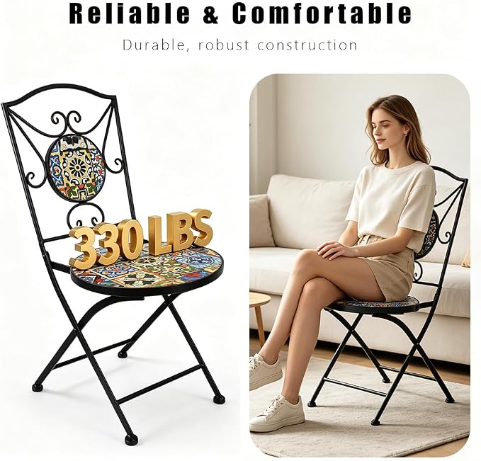 Folding Patio Chairs Set of 2 Mosaic Bistro Chair Outdoor Seating | Garden Patio Furniture Seating Heavy Duty Metal Frame Dining Chairs for Lawn Yard Balcony Porch Backyard Poolside