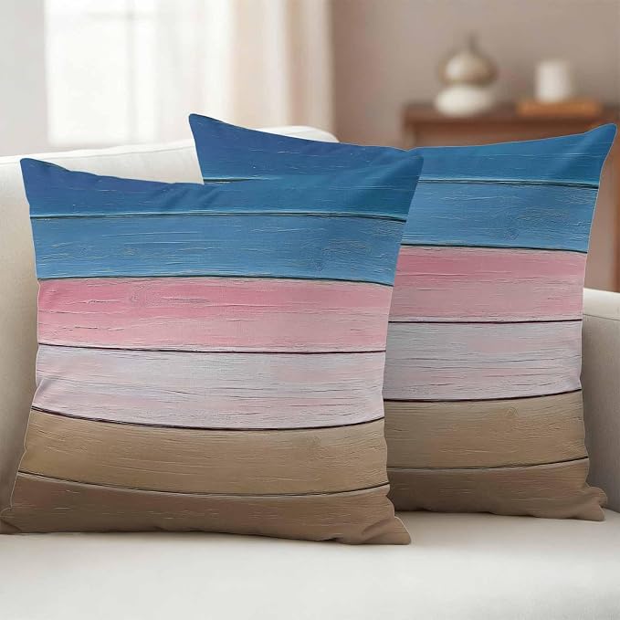 Pink Blue Brown Outdoor Pillow Covers 18x18 Inch Throw Pillow Covers Set of 2 Waterproof Decorative Pillow Cases Farmhouse Gradient Wooden Plank Art Cushion Covers for Patio Furniture Garden Couch