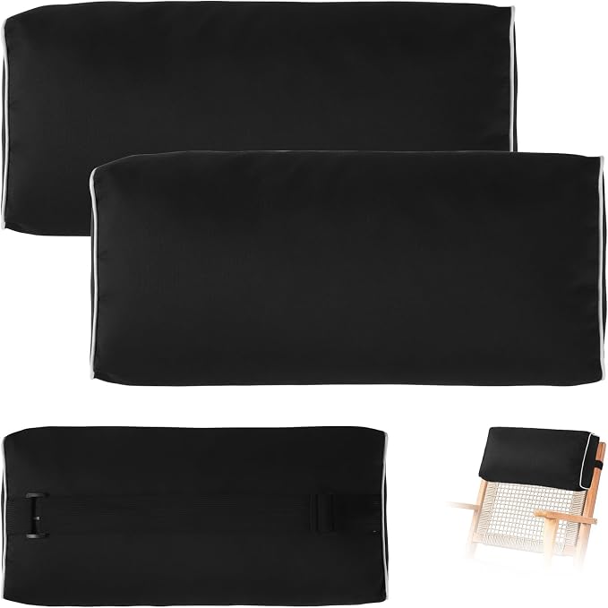 2 Pack Outdoor Chaise Lounge Head Pillow, Patio Pool Chair Pillows Water Resistant Headrest Pillow Lumbar Pillows with Insert and Adjustable Elastic Strap for Recliner Beach Chair, Black