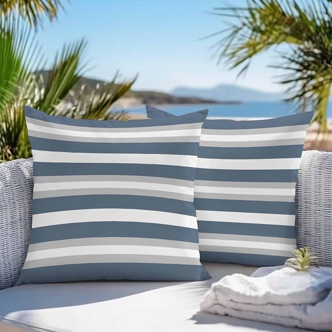 Haze Blue Stripe Outdoor Pillow Covers Waterproof, All Weather Cushion Case Set of 2, Farmhouse Blue Gray Striped Decorative Pillowcases for Sofa Couch Bed Decor Patio Furniture 16"x16"