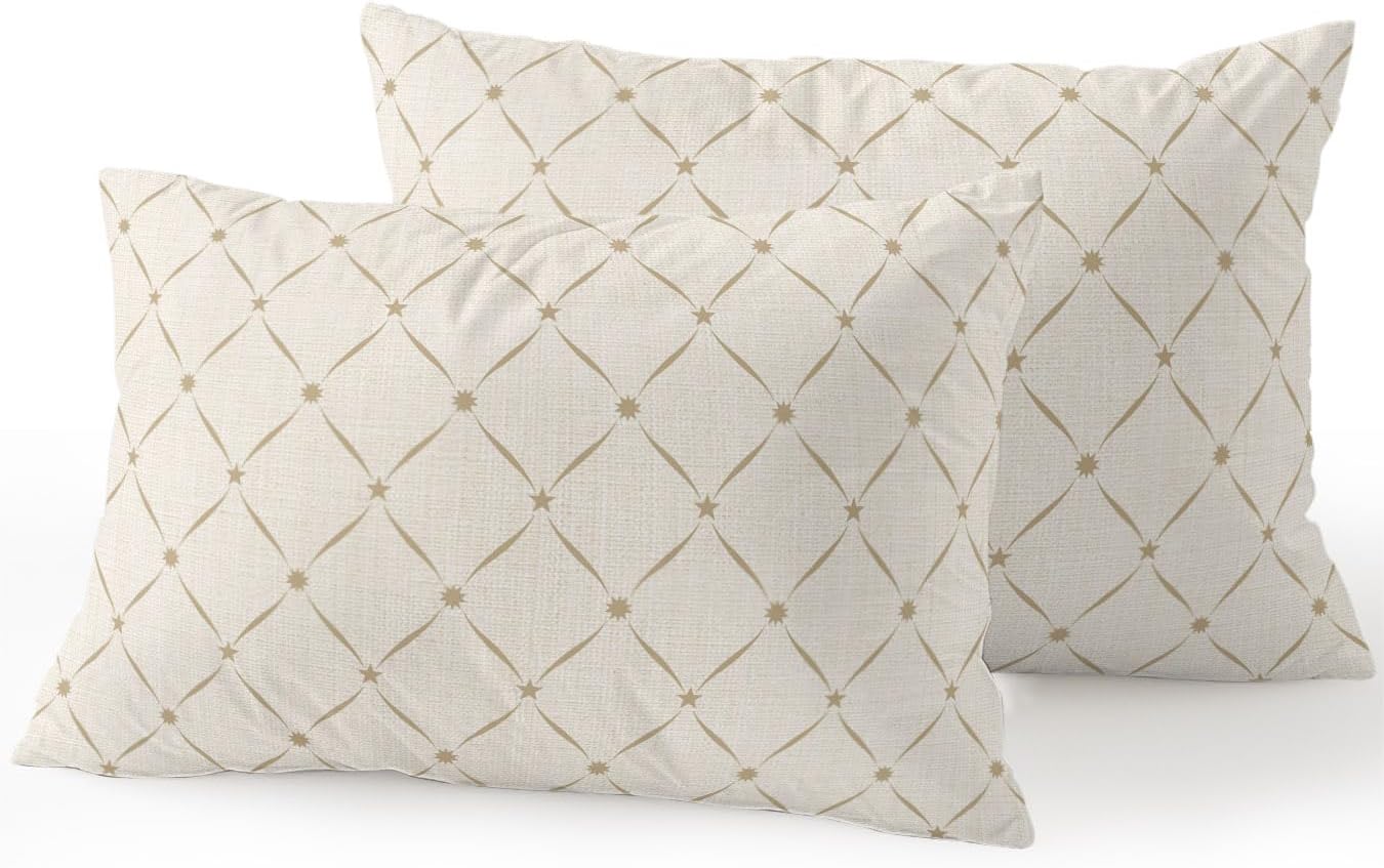 Vandarllin Waterproof Outdoor Pillow Set of 2 Beige Grid Plaid Decorative Throw Pillows Cover & Insert 20x12 Inch Lumbar Pillowcase Diagonally Crossed Lines Pillows for Couch Sofa Bed Patio Furniture