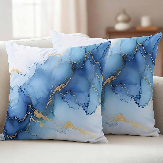 Abstract Marble Texture Outdoor Waterproof Throw Pillow Covers Set of 2, 20"x20", Gold Blue Gradient Modern Art Decoration Decorative Pillow Covers Outside Cushion Case for Patio Porch Garden